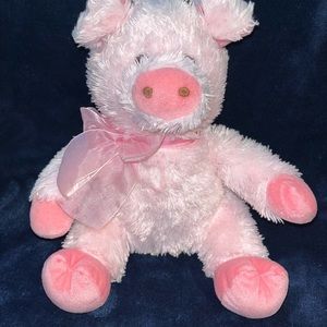 FUZZY SOFT PINK PIG SATIN BOW WITH BUILT IN RATTLE BY RUSS PLUSH